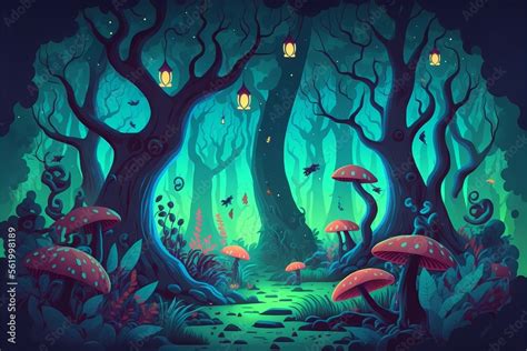 Mystical forest illustration, cartoon style landscape,endless nature background for Game ...