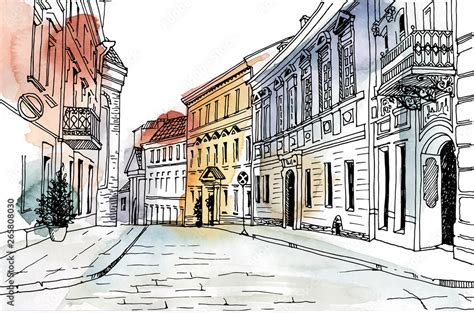 Old city street in hand drawn line sketch style. Urban romantic landscape. Vilnius. Black and ...