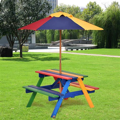 4 Seat Kids Picnic Table w/Umbrella Garden Yard Folding Children Bench ...