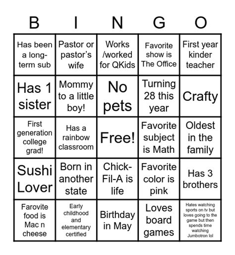 All About Me Bingo Card