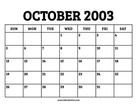 Calendar October 2003 – Printable Old Calendars