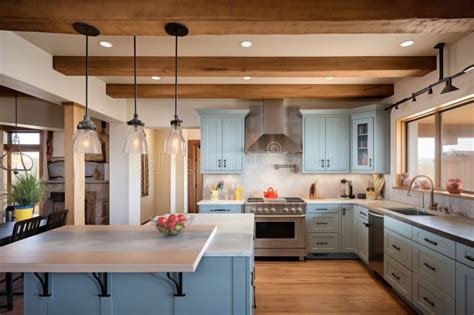 Pueblo Kitchen with Rustic Wooden Ceiling Beams Stock Image - Image of kitchen, traditional ...