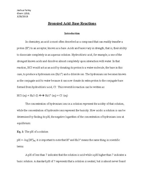 Bronsted Acid-Base Reactions - Chem 1252L 3/25/ Bronsted Acid-Base ...