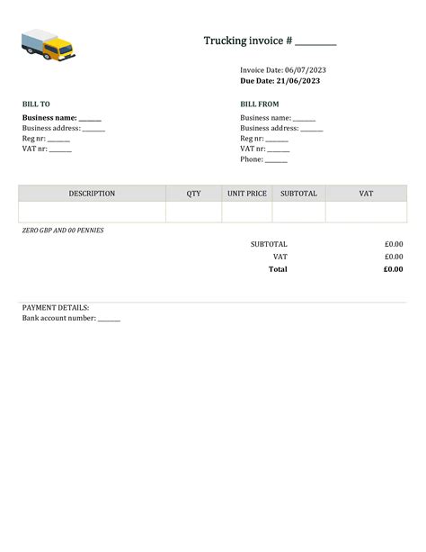 Editable Trucking Invoice Template UK Word / Google docs