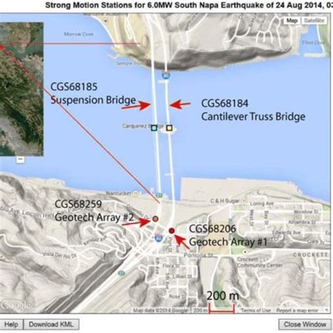 A Google Earth map showing the locations of Carquinez Strait bridges... | Download Scientific ...