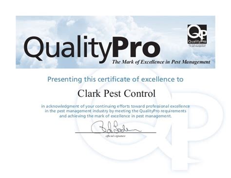 Clark Pest Control Quality Pro Certificate