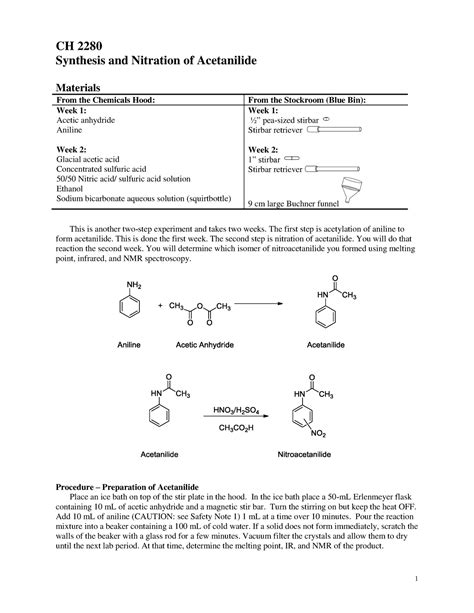 Acetanilide - lab report - 1 CH 2280 Synthesis and Nitration of Acetanilide Materials From the ...