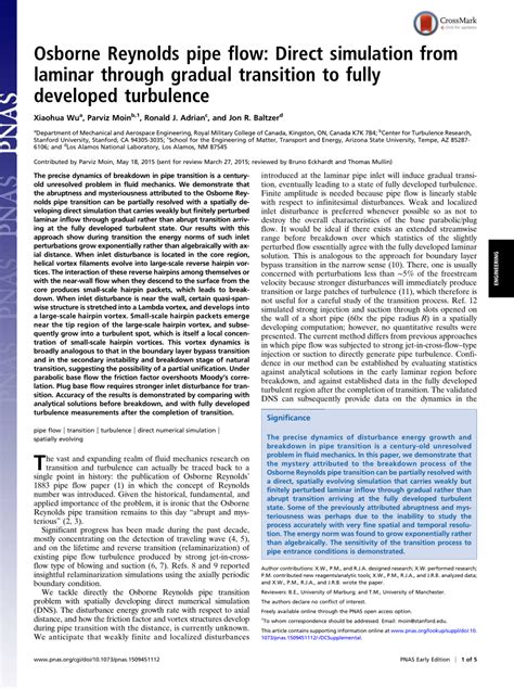 (PDF) Osborne Reynolds pipe flow: Direct simulation from laminar ...