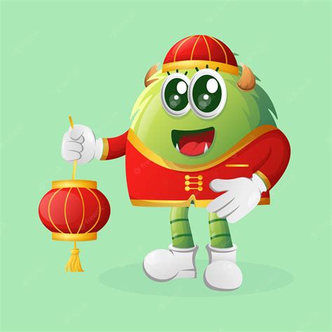 Premium Vector | Cute green monster celebrate chinese new year