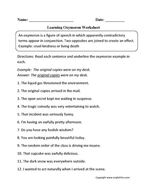 Figurative Language Worksheets | Oxymoron Worksheets