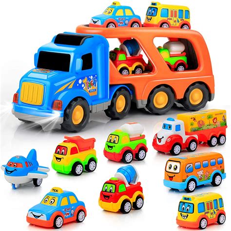9 Piece Cars Toys for 1 2 3 4 5 Year Olds Toddler Kids Boys and Girls, Big Carrier Trucks with 8 ...