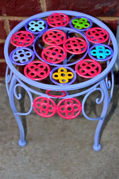 Yellow Plant Stand/ Rustic Patio Decor/ Bright Circles /Ornate Painted Iron Table/ Colorful ...