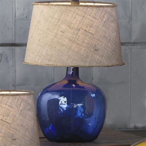 Demijohn Table Lamp cobalt_blue_with_tan_burlap_shade | Blue glass lamp ...