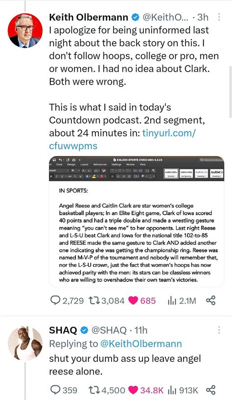 Keith Olbermann apologizes over Angel Reese comments and admits both her and Caitlin Clark were ...