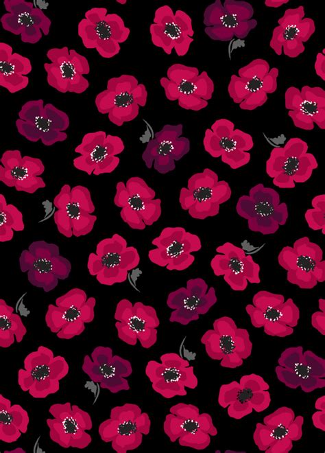 red and black flowers on a black background with white dots in the center, all over