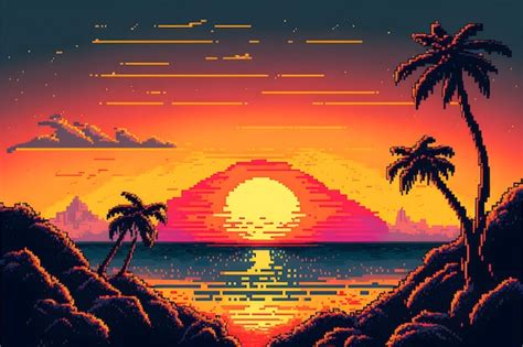 Premium AI Image | Sunset on the sea, pixel art, sunset, palm trees, mountains, sunset, hd wallpaper