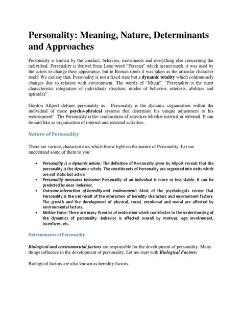 Personality: Meaning, Nature, Determinants and Approaches | PDF | Personality Psychology ...