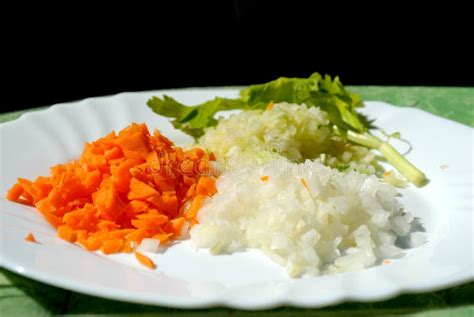 Brunoise Onions, Carrots and Celery in a Plate, Ready To Cook Ta Stock ...