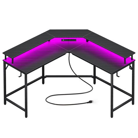 Buy L Shaped Gaming Desk with Power Outlets & LED Lights, Computer Desk with Monitor Shelves ...