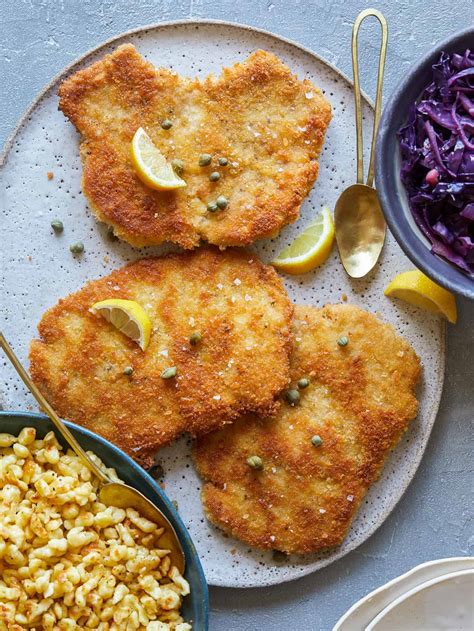 Schnitzel Over Buttered Spätzle with Sweet + Sour Cabbage