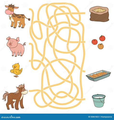 Maze Game (farm Animals And Food). Cow, Pig, Chicken, Horse Stock Vector - Illustration of ...