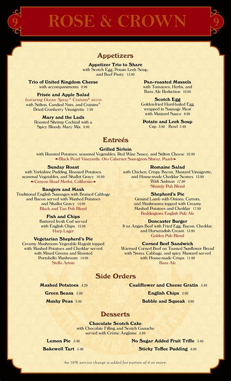 Menu: Rose & Crown Pub and Dining Rooml - Epcot United Kingdom Pavilion - Restaurants and Menus ...