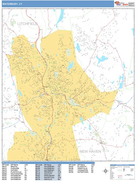 Waterbury Connecticut Wall Map (Basic Style) by MarketMAPS - MapSales