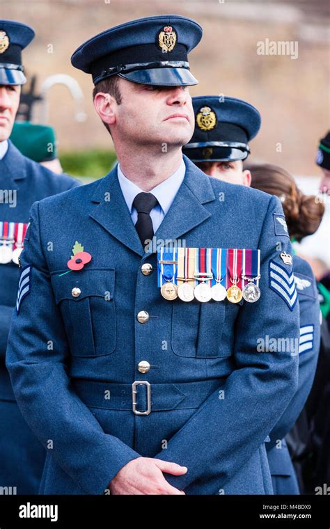 England, Ramsgate. Remembrance Sunday. RAF midadult man in blue uniform ...