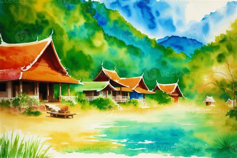 A chinese village. Watercolor Painting of a Tranquil Chinese Village. 24215330 Stock Photo at ...