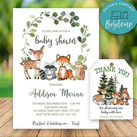 Editable Woodland Baby Shower Invitations and Free Thank You Tag | Bobotemp