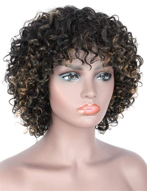 Beauart Short Black & Brown Highlights Deep Small Curly 100% Brazilian Remy Human Hair Wigs for ...