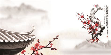 Chinese Ink Painting Style Background Material, Chinese Style, Plum Flower, Roof Angle ...