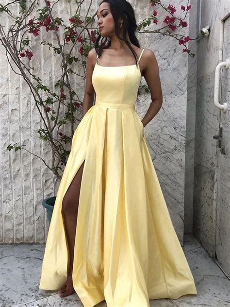 A Line Spaghetti Straps Yellow Satin Long Prom Dresses with Leg Slit, – morievent