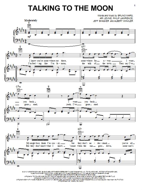 Talking To The Moon sheet music by Bruno Mars (Piano, Vocal & Guitar (Right-Hand Melody) – 77963)