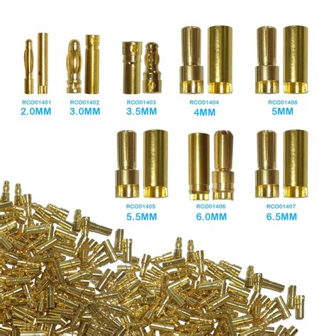 200pcs/100pairs 2mm/3mm/3.5mm/4mm/5mm/5.5mm/6.5mm Gold Bullet Banana Connector Plug For ESC ...