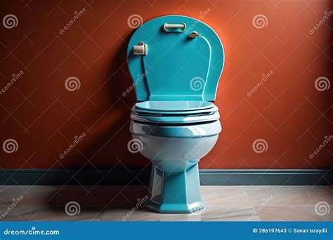 Blue Toilet Bowl in a Modern Bathroom with Orange Wall. Generative Ai ...