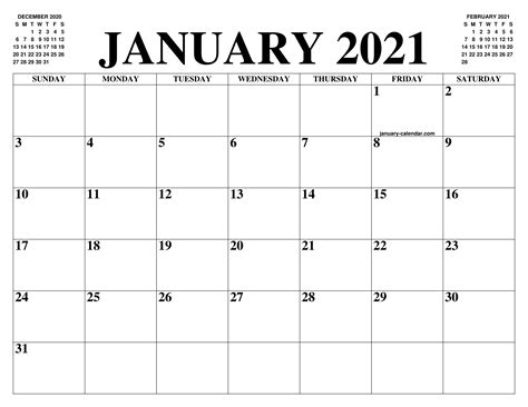 JANUARY 2021 CALENDAR OF THE MONTH: FREE PRINTABLE JANUARY CALENDAR OF ...