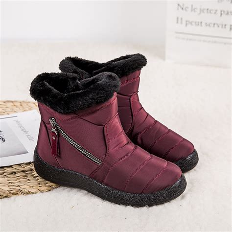 Women Waterproof Snow Boots Fur Lined Slip On Ankle Booties Zipper ...