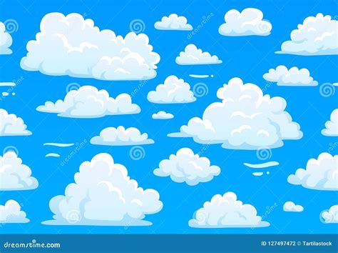 Cartoon Blue Cloudy Sky. Horizontal Seamless Pattern with White Fluffy Clouds. 2d Game Overcast ...