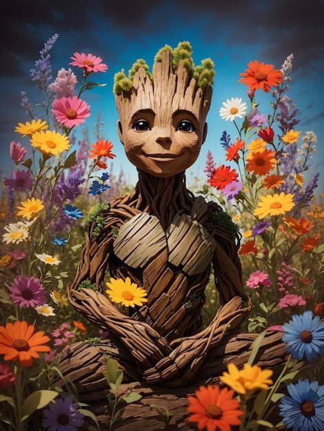 Premium AI Image | A_Groot_with_a_gentle_smile_surrounded_by_a