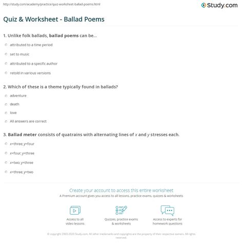 Quiz & Worksheet - Ballad Poems | Study.com