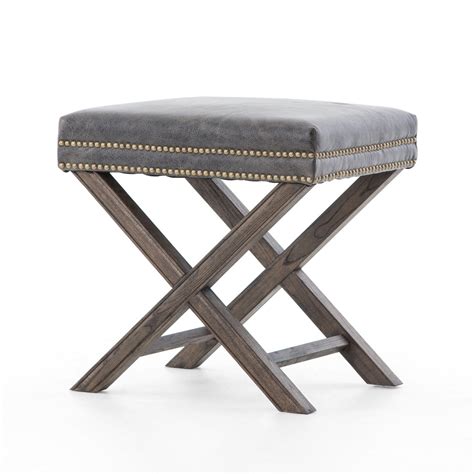 French Modern X-Base Leather Stool Ottoman | Zin Home