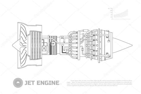 Jet engine of aircraft. Part of the airplane. Side view. Aerospase industrial drawing. Outline ...