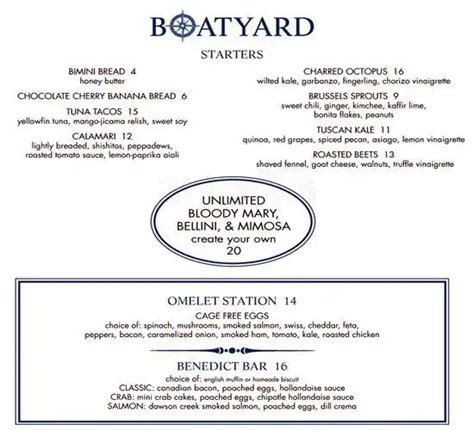 Menu at Boatyard restaurant, Fort Lauderdale, SE 17th St