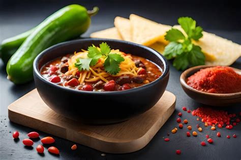 Premium AI Image | a bowl of chili with chili and vegetables on a black ...