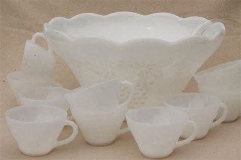 vintage milk glass punch bowl & cups set, Anchor Hocking harvest grapes pattern