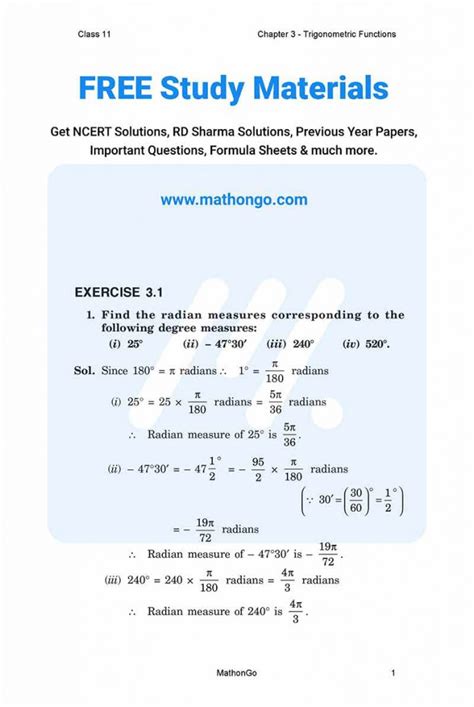 NCERT Solutions for Class 11 Maths Chapter 3 – Trigonometric Functions ...