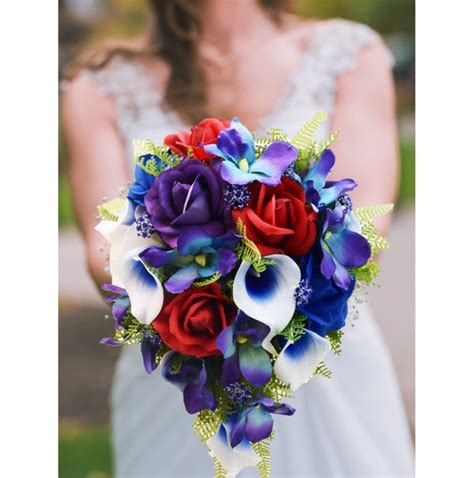 Cascade Bridal Bouquet Red Purple Blue and White Roses - Etsy