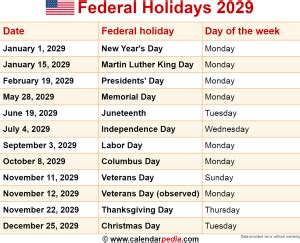 Federal Holidays 2029