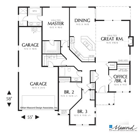 Main Floor Plan of Mascord Plan 1231F - The Saratoga - Craftsman Floor Plan with Open L… | House ...